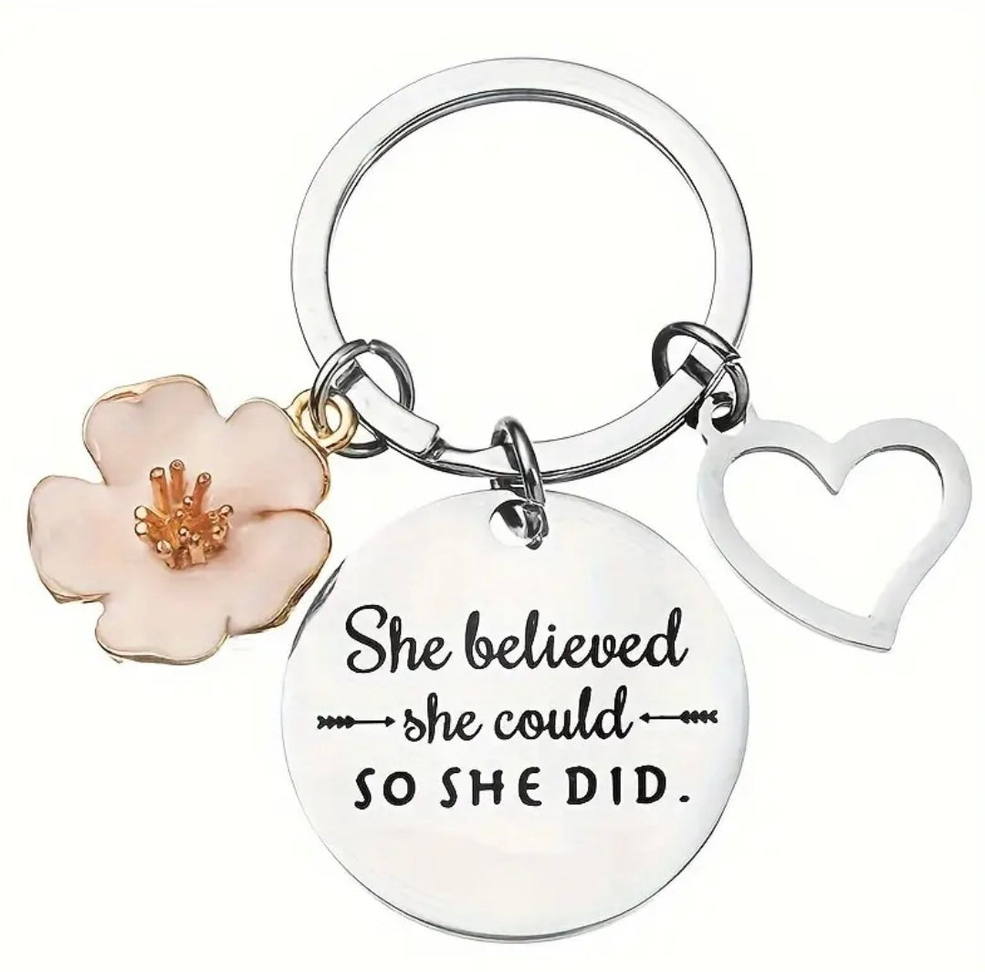 SHE BELIEVED SHE COULD SO SHE DID PETAL HEART METAL KEYCHAIN