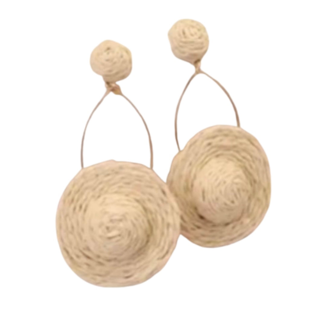 TAN RAFFIA HAT DROP EARRINGS