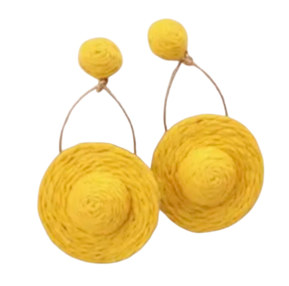 YELLOW RAFFIA HAT DROP EARRINGS