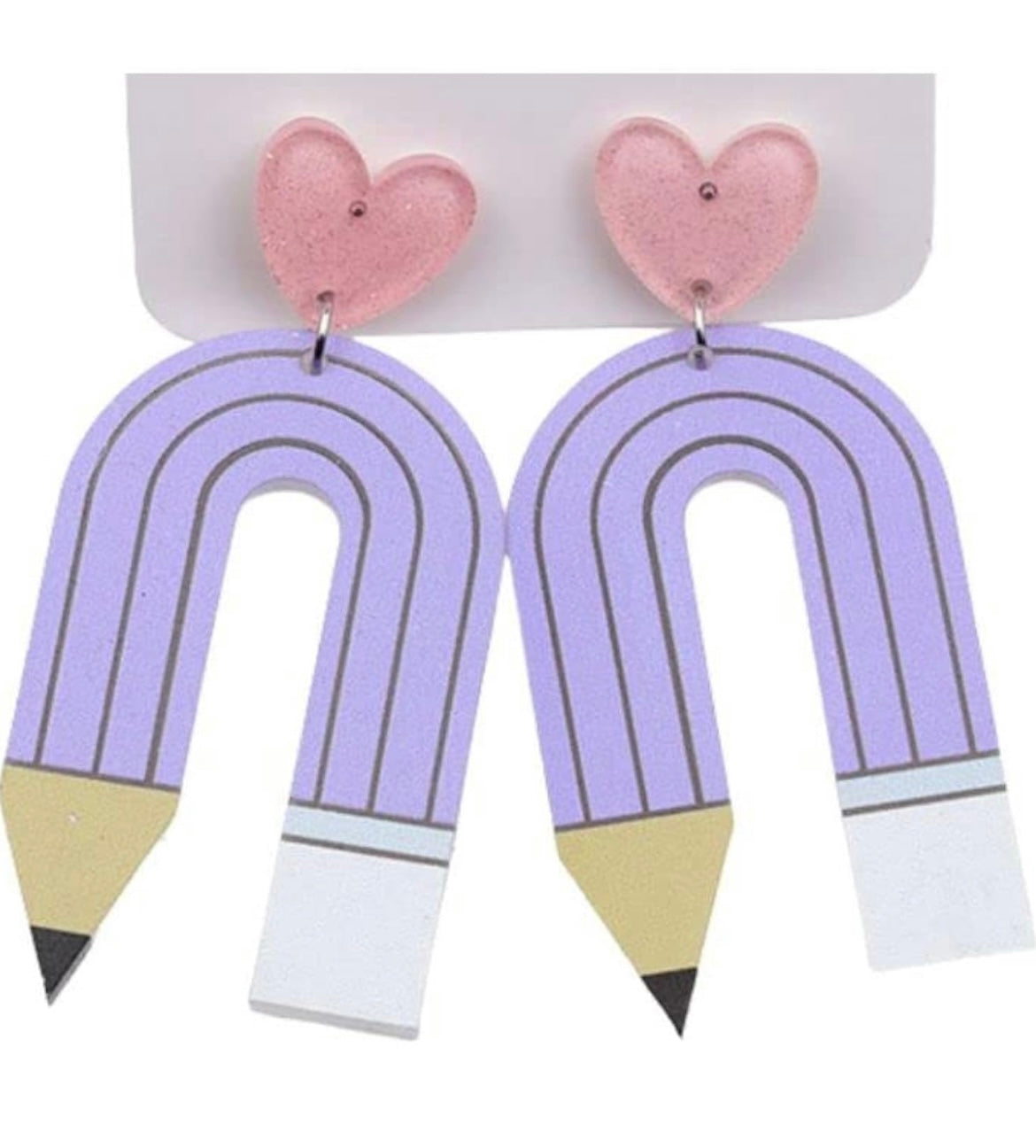 PINK HEART PENCIL DANGLE EARRINGS IN LILAC