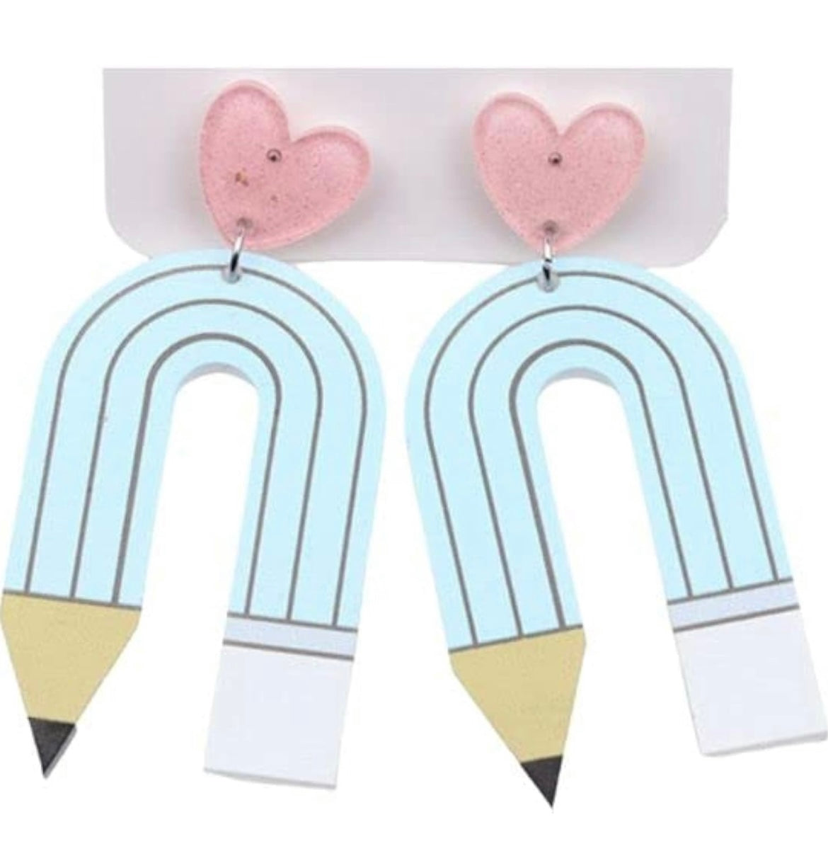 PINK HEART PENCIL DANGLE EARRINGS IN BLUE