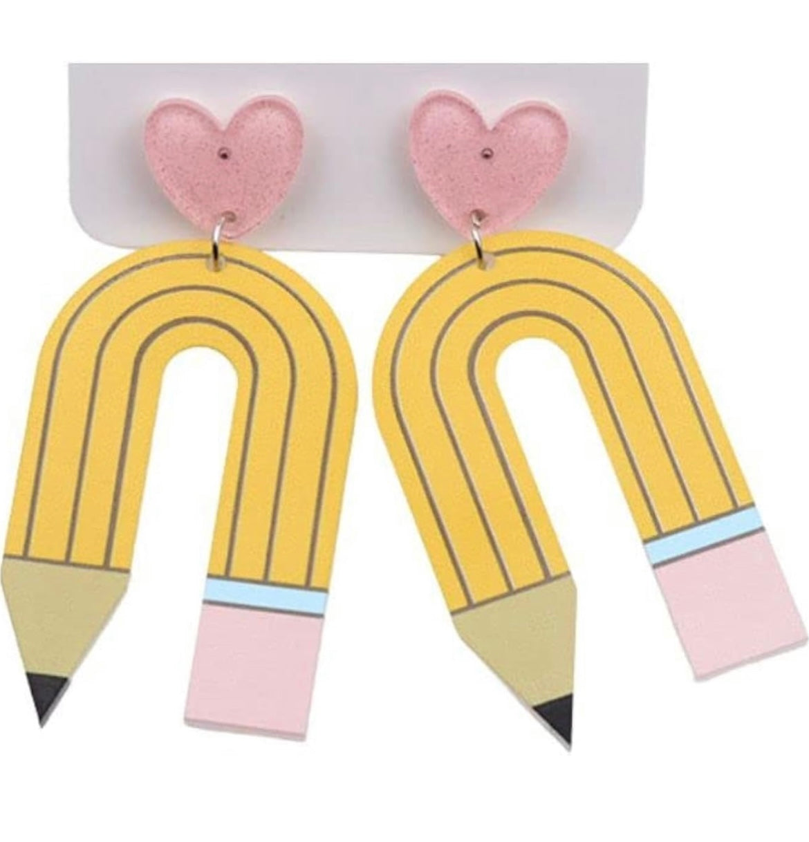 PINK HEART PENCIL DANGLE EARRINGS IN YELLOW