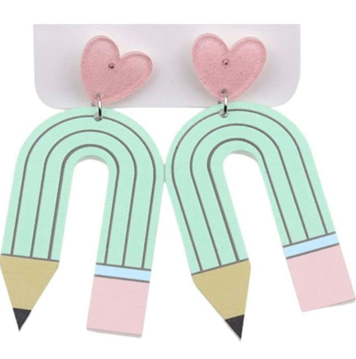 PINK HEART PENCIL DANGLE EARRINGS IN MINT