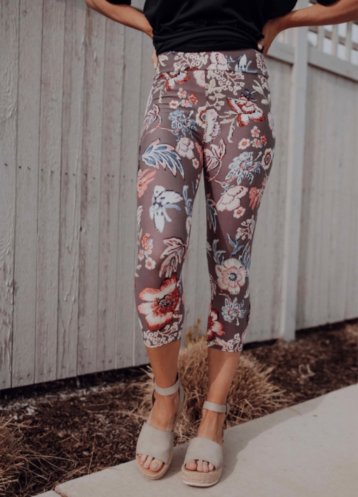 Mocha brown print floral capri leggings for yoga, workout of lounging.