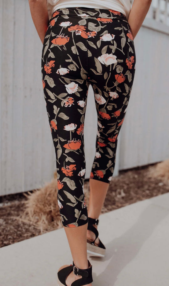 Black floral print capri leggings for yoga, workout or lounging