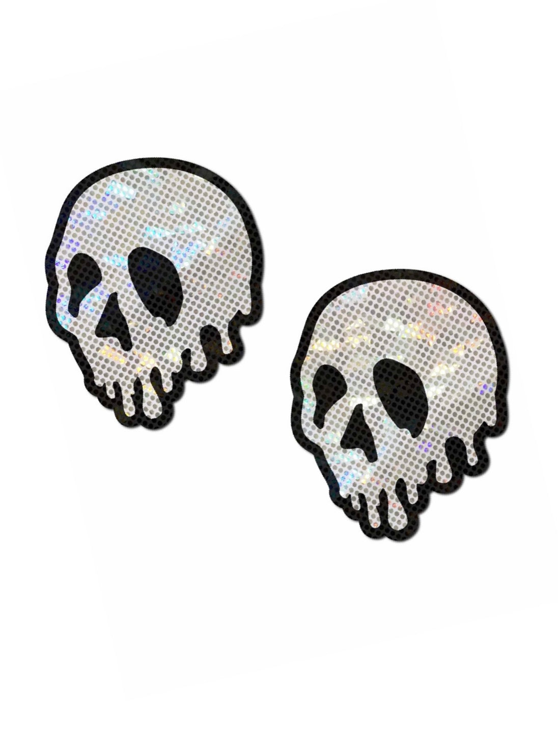 A pair of silver glitter skull nipple cover pasties showcased on a white background.