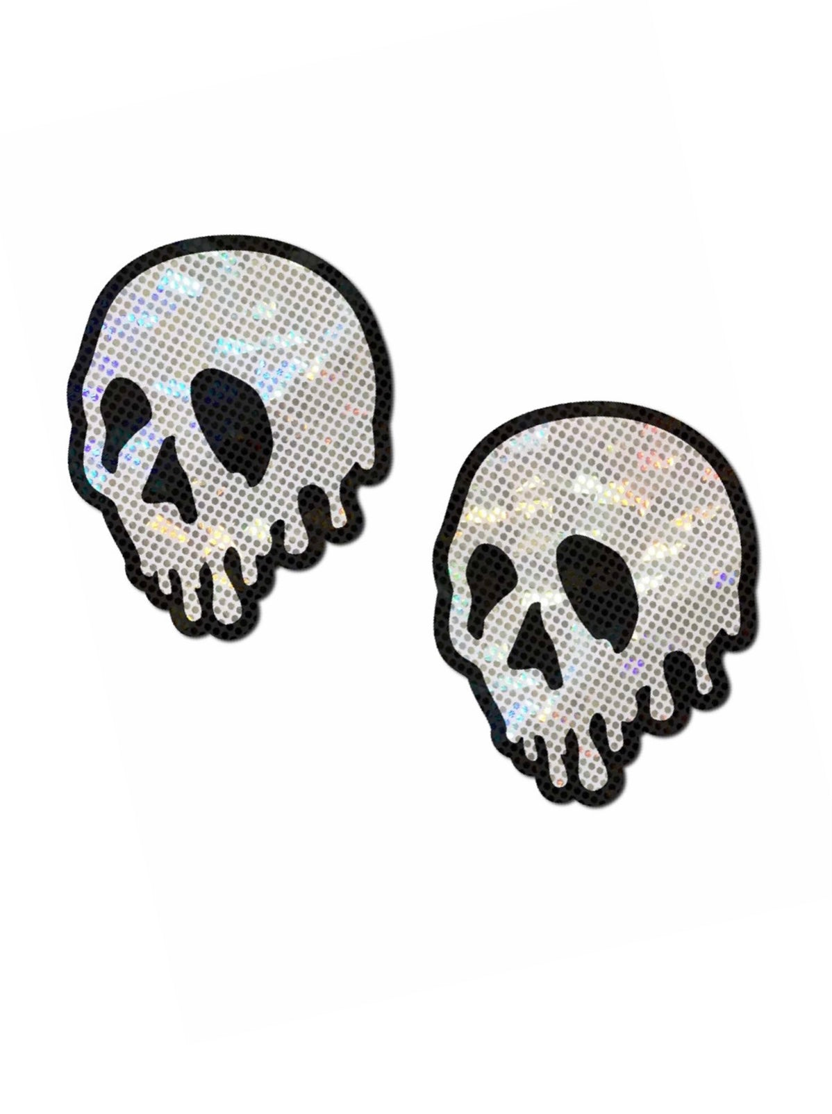 A pair of silver glitter skull nipple cover pasties showcased on a white background.