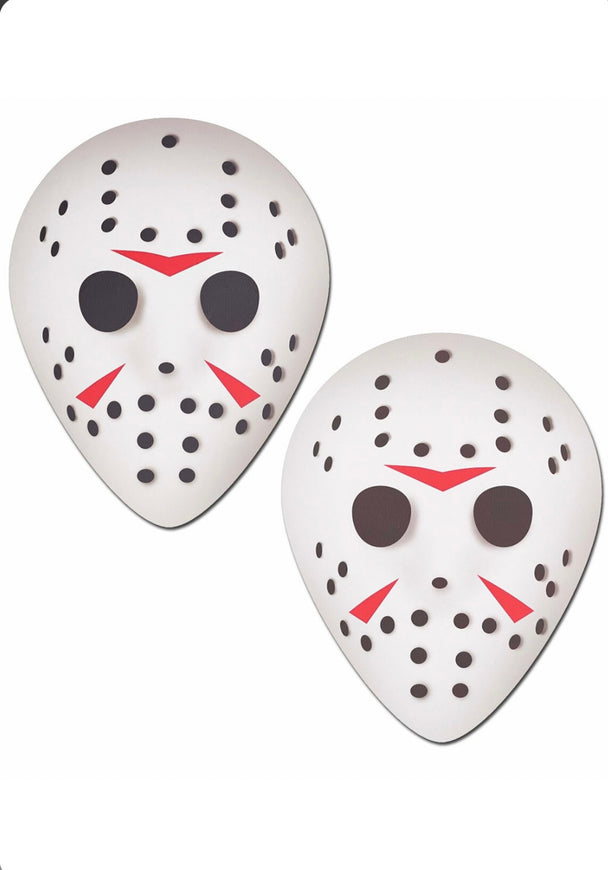 A pair of white and red horror hockey nipple pasties showcased on a white background.