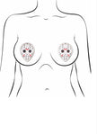 A model wearing white and red horror hockey nipple pasties.