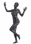 A model posing wearing a bats full body bodysuit in black with the full head mask.
