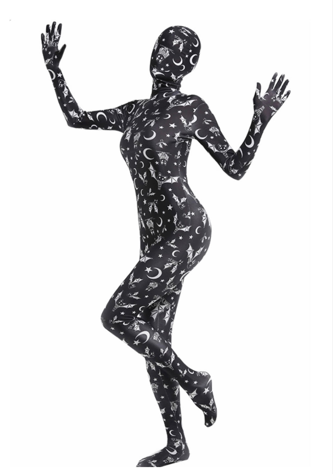 A model posing wearing a bats full body bodysuit in black with the full head mask.