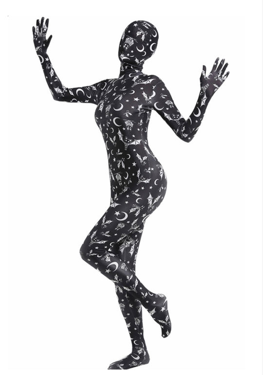 A model posing wearing a bats full body bodysuit in black with the full head mask.