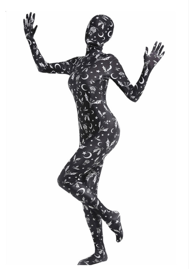 A model posing wearing a bats full body bodysuit in black with the full head mask.