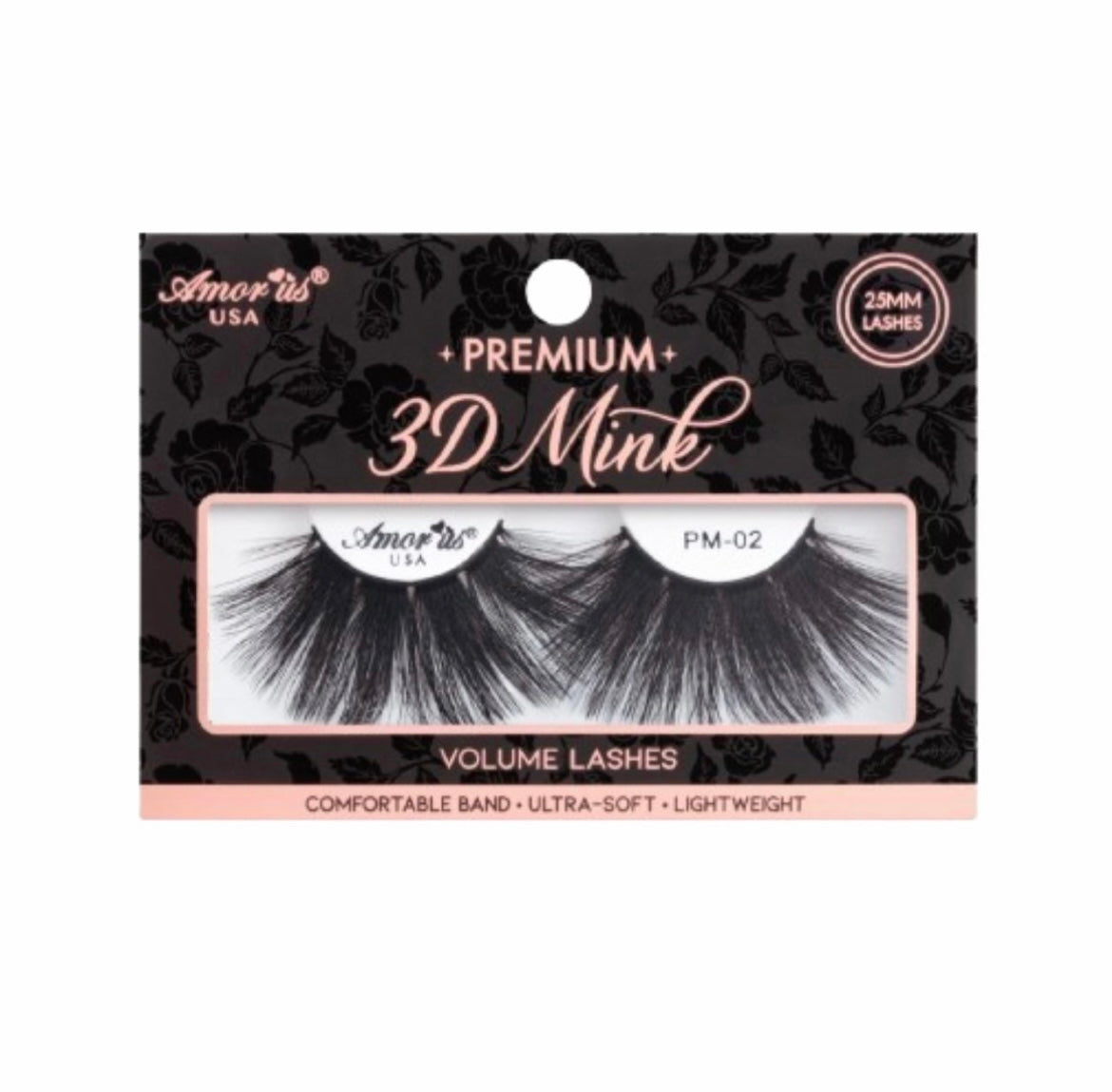 A pair of Glamour Premium 3d Mink - 25mm false eyelashes in a cute black and peach packaging box.