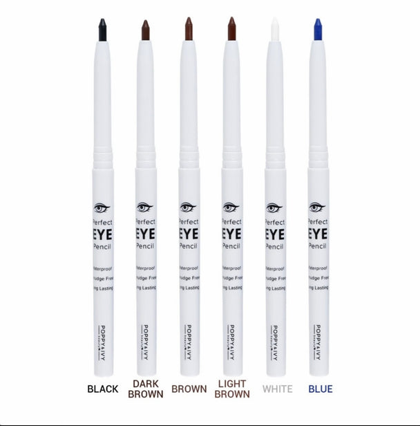 Poppy and Ivy gel eyeliner pencils in various colors such as black, dark brown, brown, light brown, white and blue.